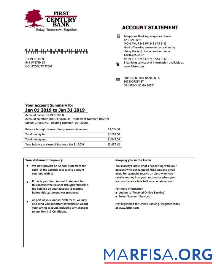 Blank USA Georgia Gainesville First century bank statement word template
